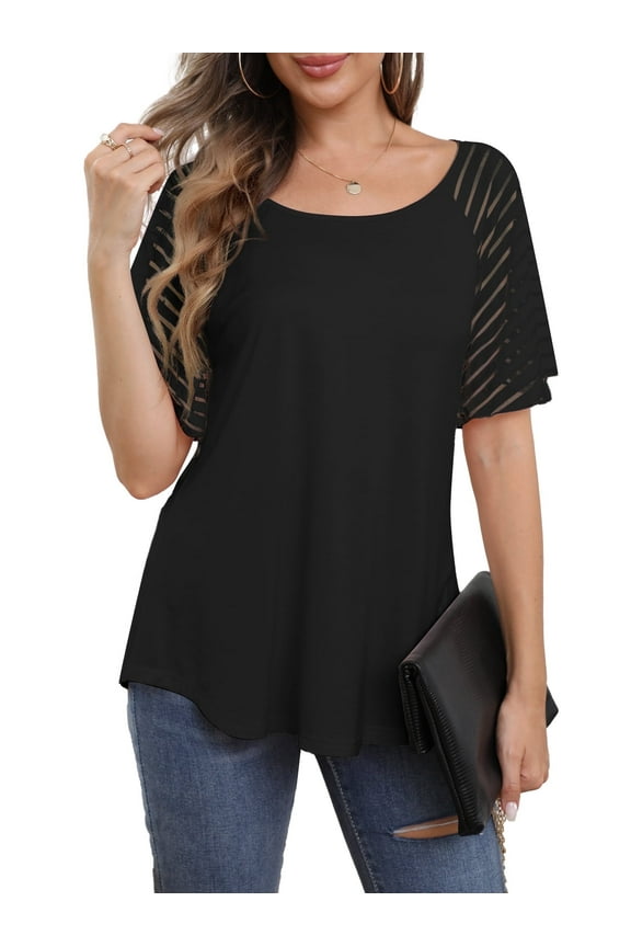 Women's Tops Plus Size Summer Raglan Bell Short Sleeve Crew Neck Lady Casual Blouses, S-3XL