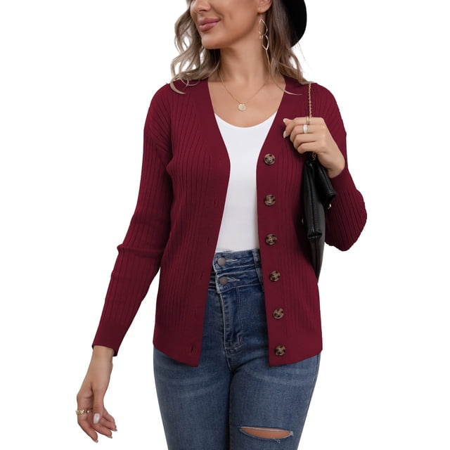 Getadme Womens Solid Color Cardigan Fuzzy Long Sleeve Button Down Sweater Soft Knit Tops Outerwear main image 1