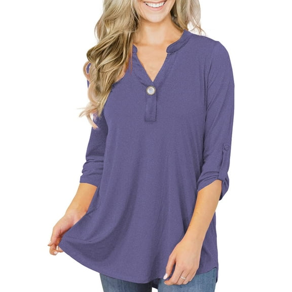 VERABENDI Women's Plus Size Tops 3/4 Sleeve Tunic Shirts A Buckle Decoration V-Neck Blouses,M-4XL