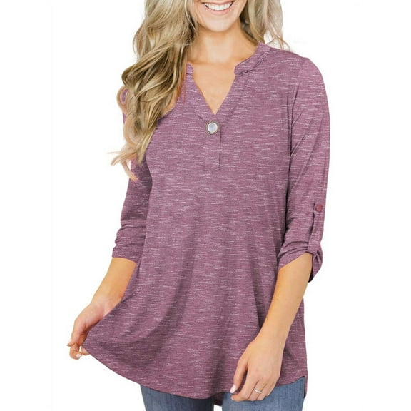 VERABENDI Women's Plus Size Tops 3/4 Sleeve Tunic Shirts A Buckle Decoration V-Neck Blouses,M-4XL