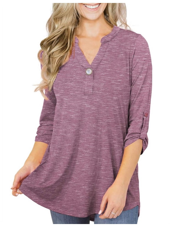 Women's Plus Size Tops 3/4 Sleeve Tunic Shirts A Buckle Decoration V-Neck Blouses,M-4XL