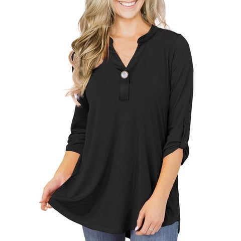 Women's Plus Size Tops 3/4 Sleeve Tunic Shirts A Buckle Decoration V-Neck Blouses,M-4XL