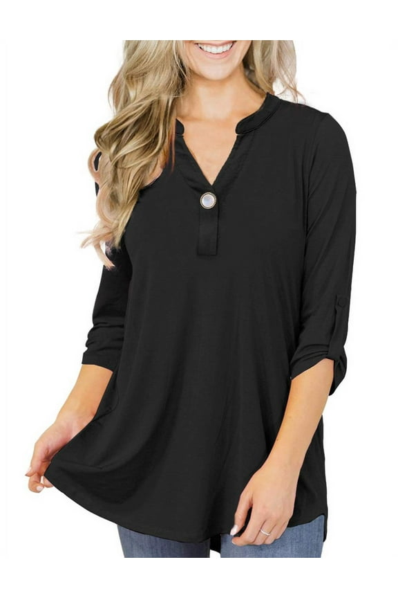 Women's Plus Size Tops 3/4 Sleeve Tunic Shirts A Buckle Decoration V-Neck Blouses,M-4XL