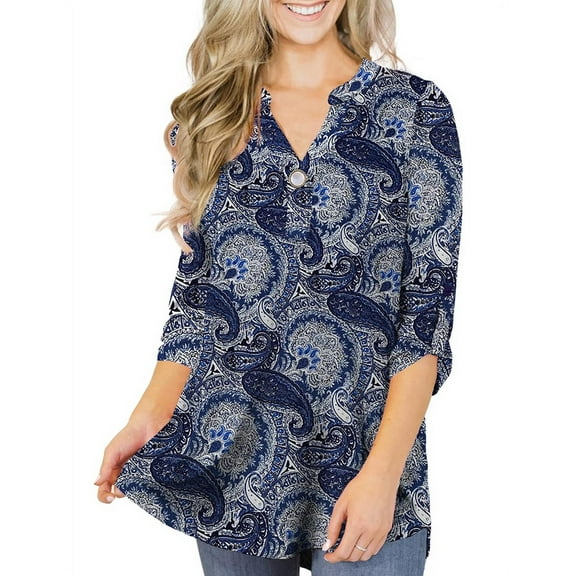 VERABENDI Women's Plus Size Tops 3/4 Sleeve Tunic Shirts A Buckle Decoration V-Neck Blouses,M-4XL