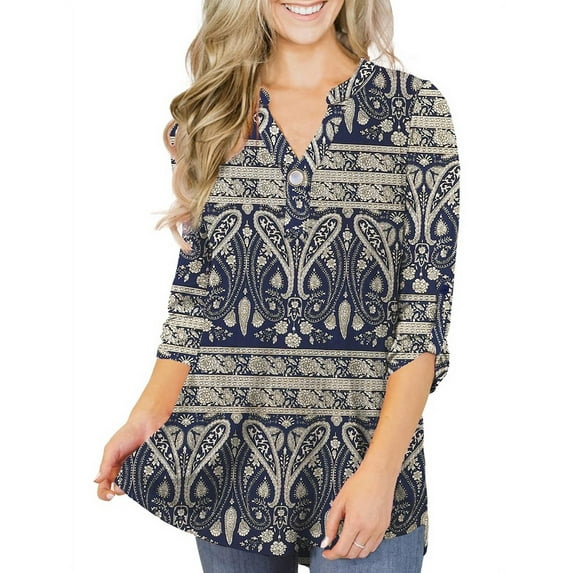 VERABENDI Women's Plus Size Tops 3/4 Sleeve Tunic Shirts A Buckle Decoration V-Neck Blouses,M-4XL