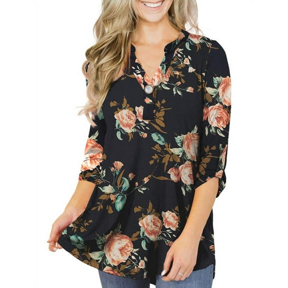 VERABENDI Women's Plus Size Tops 3/4 Sleeve Tunic Shirts A Buckle Decoration V-Neck Blouses,M-4XL