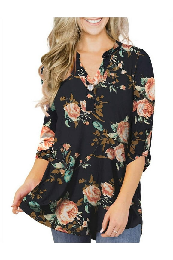 Women's Plus Size Tops 3/4 Sleeve Tunic Shirts A Buckle Decoration V-Neck Blouses,M-4XL