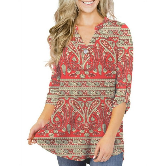 VERABENDI Women's Plus Size Tops 3/4 Sleeve Tunic Shirts A Buckle Decoration V-Neck Blouses,M-4XL