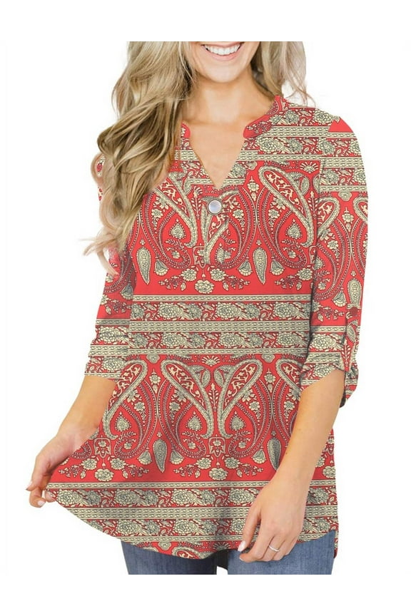 Women's Plus Size Tops 3/4 Sleeve Tunic Shirts A Buckle Decoration V-Neck Blouses,M-4XL