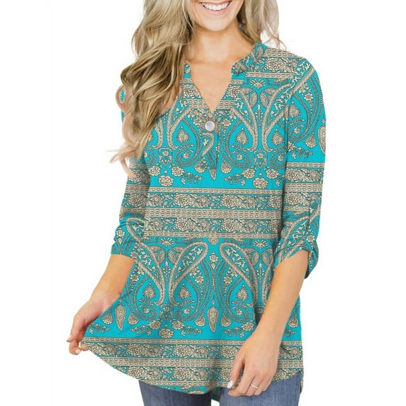 VERABENDI Women's Plus Size Tops 3/4 Sleeve Tunic Shirts A Buckle Decoration V-Neck Blouses,M-4XL