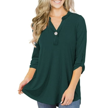 VERABENDI Women's Plus Size Tops 3/4 Sleeve Tunic Shirts A Buckle Decoration V-Neck Blouses,M-4XL