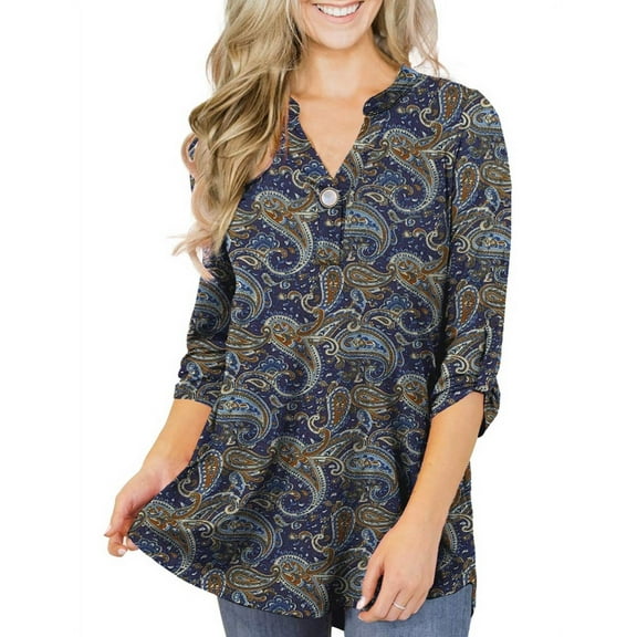 VERABENDI Women's Plus Size Tops 3/4 Sleeve Tunic Shirts A Buckle Decoration V-Neck Blouses,M-4XL