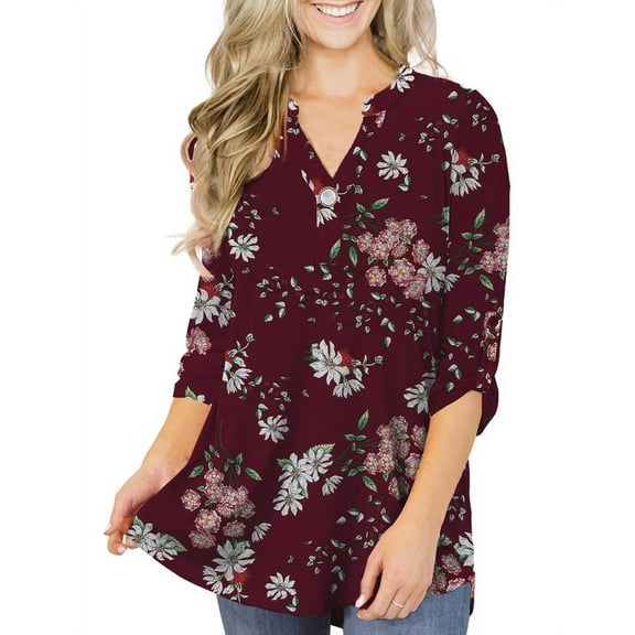 VERABENDI Women's Plus Size Tops 3/4 Sleeve Tunic Shirts A Buckle Decoration V-Neck Blouses,M-4XL