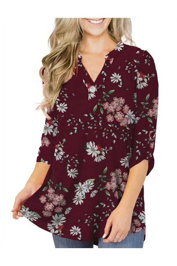 Women's Plus Size Tops 3/4 Sleeve Tunic Shirts A Buckle Decoration V-Neck Blouses,M-4XL