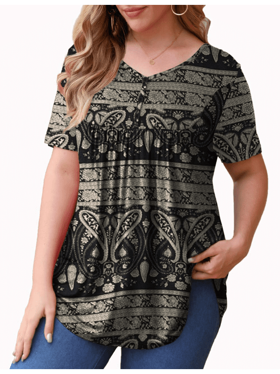 Womens Plus Size Short sleeve Tops V Neck Buttons Pleated Flared Casual Blouses