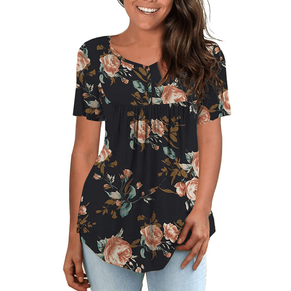 VERABENDI Womens Plus Size Short sleeve Tops V Neck Buttons Pleated Flared Casual Blouses