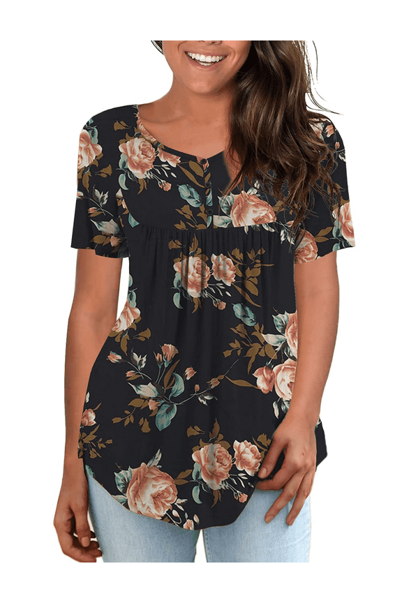 Womens Plus Size Short sleeve Tops V Neck Buttons Pleated Flared Casual Blouses