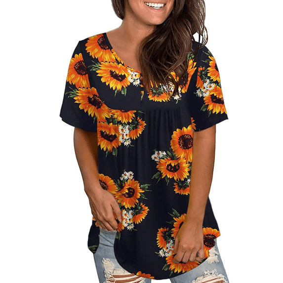 VERABENDI Womens Plus Size Short sleeve Tops V Neck Buttons Pleated Flared Casual Blouses