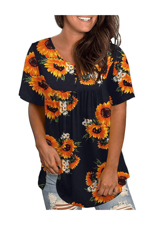 Womens Plus Size Short sleeve Tops V Neck Buttons Pleated Flared Casual Blouses