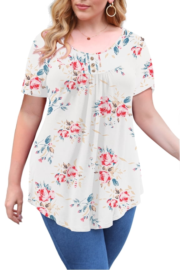 Women's Plus Size Tops Summer Short Sleeve Loose Fit Tunic Blouses Floral Flowy Shirts,1X/2X/3X/4X