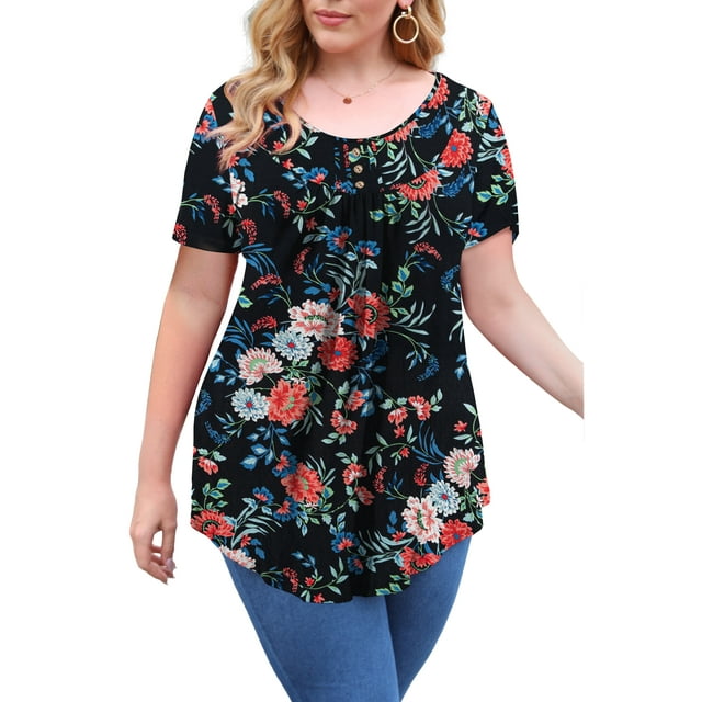 VERABENDI Women's Plus Size Tops Summer Short Sleeve Loose Fit Tunic Blouses Floral Flowy Shirts,1X/2X/3X/4X