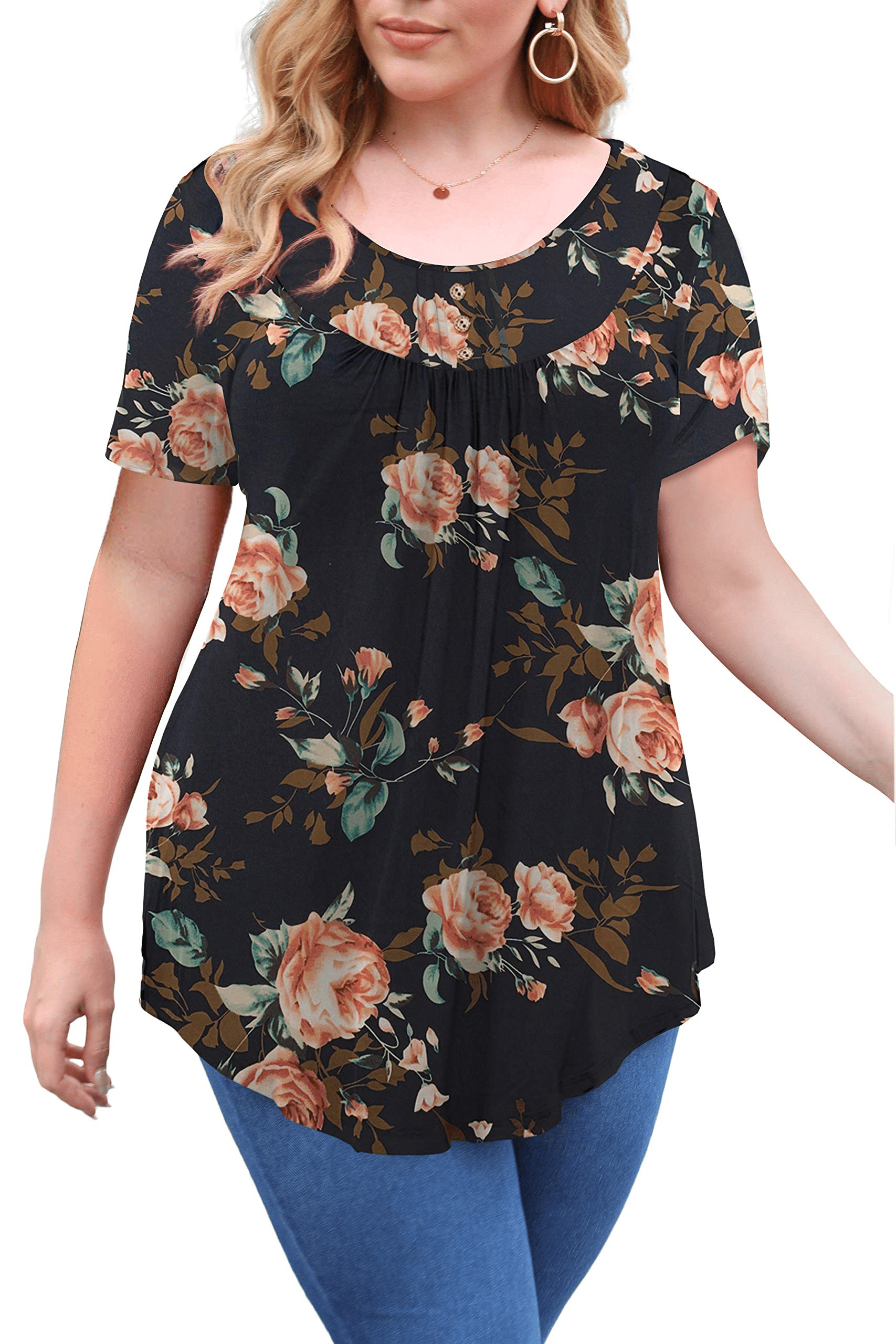 VERABENDI Womens Tops Plus Size Clothes Short Sleeve Button Floral ...