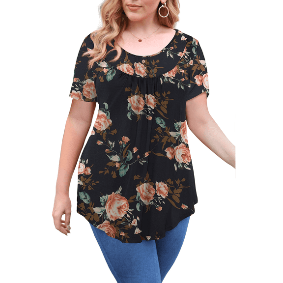 VERABENDI Women's Plus Size Tops Summer Short Sleeve Loose Fit Tunic Blouses Floral Flowy Shirts,1X/2X/3X/4X