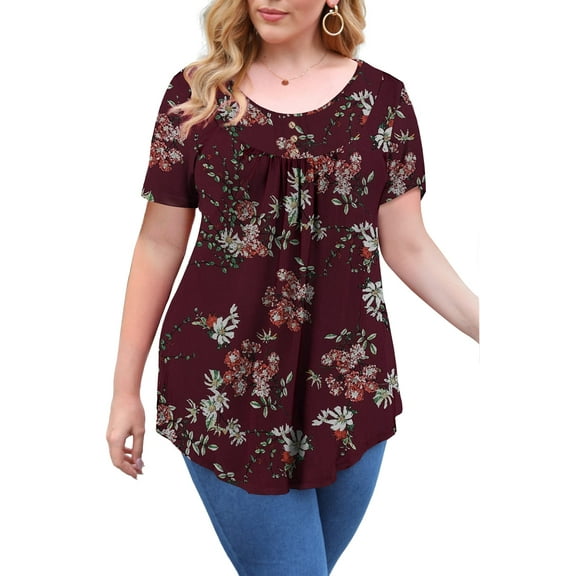 VERABENDI Women's Plus Size Tops Summer Short Sleeve Loose Fit Tunic Blouses Floral Flowy Shirts,1X/2X/3X/4X