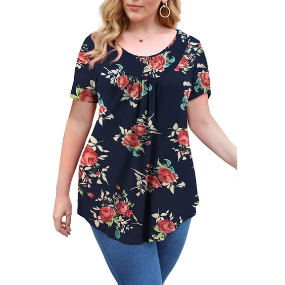 VERABENDI Women's Plus Size Tops Summer Short Sleeve Loose Fit Tunic Blouses Floral Flowy Shirts,1X/2X/3X/4X