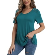 VERABENDI Women's Plus Size Tops Summer Short Sleeve Lace Trim Shoulder Tunic Blouses,M-4XL