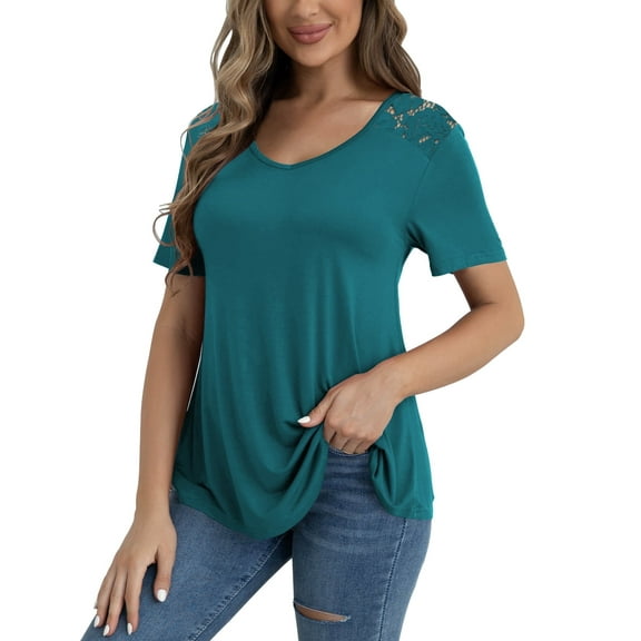 VERABENDI Women's Plus Size Tops Summer Short Sleeve Lace Trim Shoulder Tunic Blouses,M-4XL