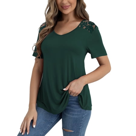 VERABENDI Women's Plus Size Tops Summer Short Sleeve Lace Trim Shoulder Tunic Blouses,M-4XL