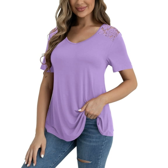 VERABENDI Women's Plus Size Tops Summer Short Sleeve Lace Trim Shoulder Tunic Blouses,M-4XL