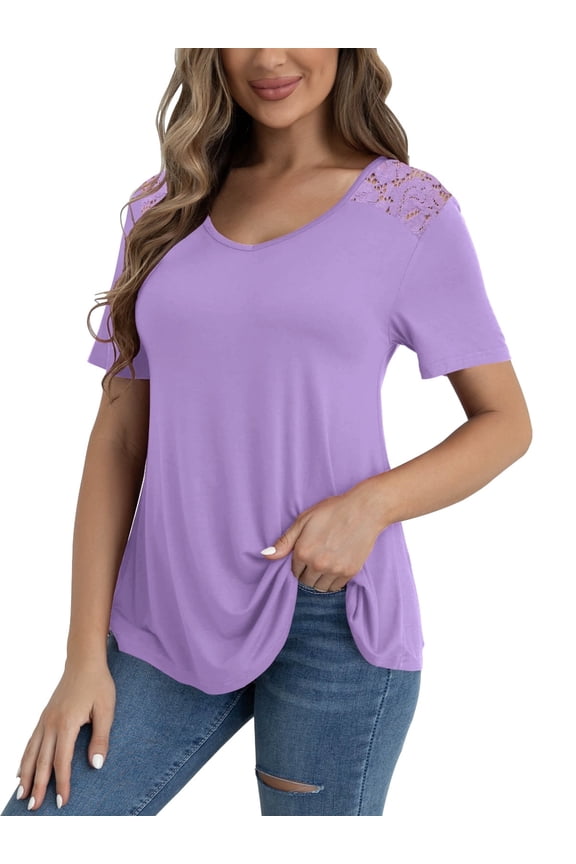 Women's Plus Size Tops Summer Short Sleeve Lace Trim Shoulder Tunic Blouses,M-4XL