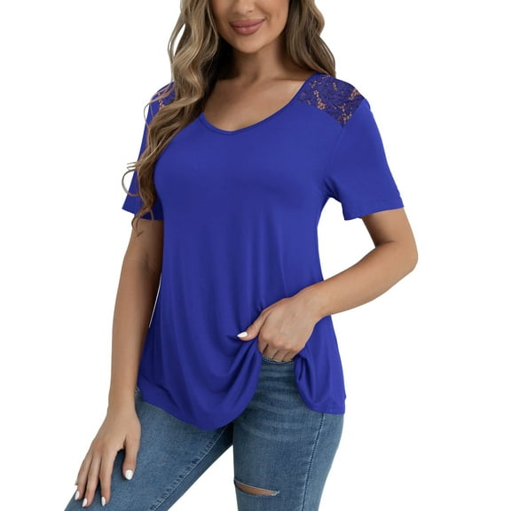 VERABENDI Women's Plus Size Tops Summer Short Sleeve Lace Trim Shoulder Tunic Blouses,M-4XL