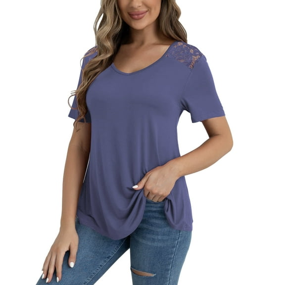 VERABENDI Women's Plus Size Tops Summer Short Sleeve Lace Trim Shoulder Tunic Blouses,M-4XL