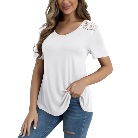 VERABENDI Women's Plus Size Tops Summer Short Sleeve Lace Trim Shoulder Tunic Blouses,M-4XL