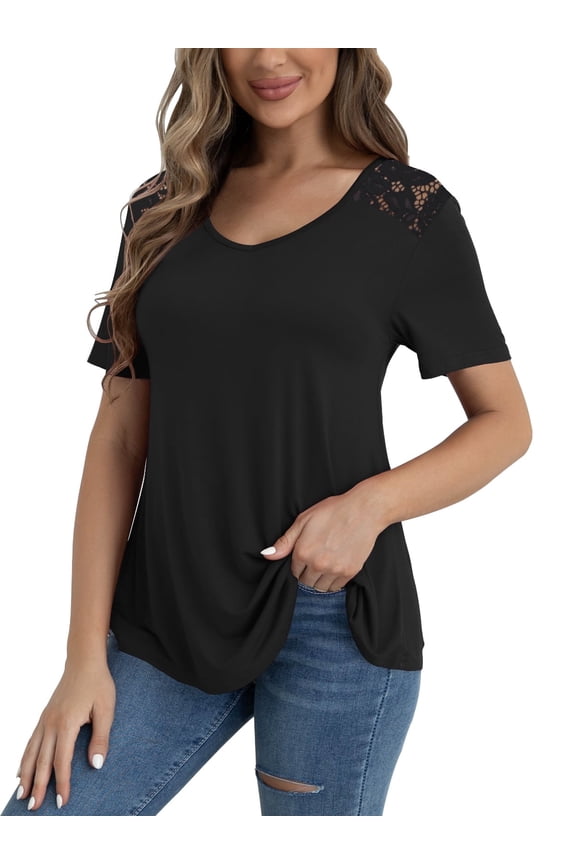 Women's Plus Size Tops Summer Short Sleeve Lace Trim Shoulder Tunic Blouses,M-4XL