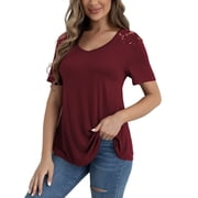 VERABENDI Women's Plus Size Tops Summer Short Sleeve Lace Trim Shoulder Tunic Blouses,M-4XL