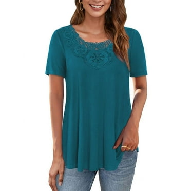 VERABENDI Women's Tops Plus Size Short Sleeves Loose Fit Tunic Shirts Lace patchwork round neck Lady Blouses, M-4XL