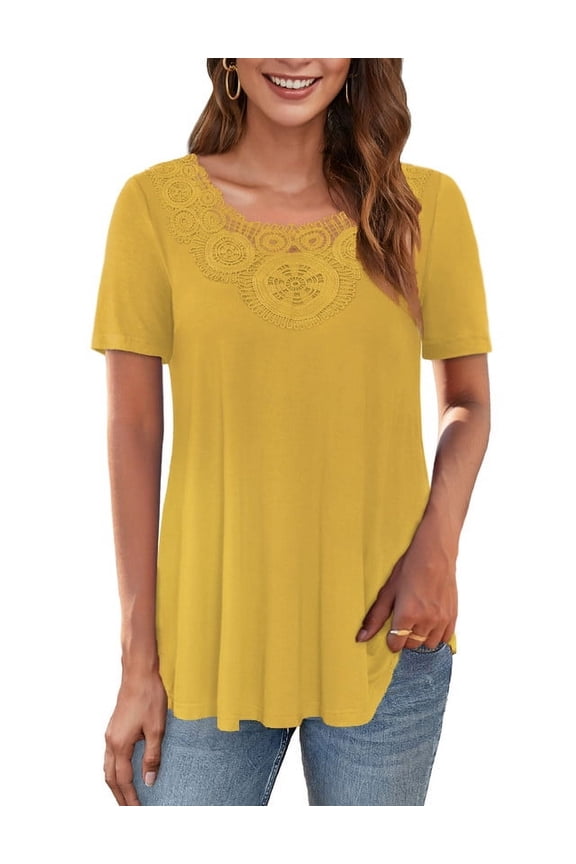 Women's Tops Plus Size Short Sleeves Loose Fit Tunic Shirts Lace patchwork round neck Lady Blouses, M-4XL