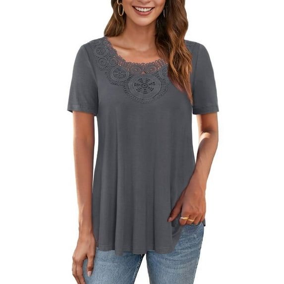 VERABENDI Women's Tops Plus Size Short Sleeves Loose Fit Tunic Shirts Lace patchwork round neck Lady Blouses, M-4XL