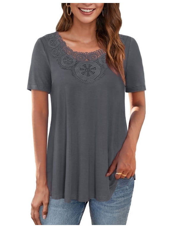Women's Tops Plus Size Short Sleeves Loose Fit Tunic Shirts Lace patchwork round neck Lady Blouses, M-4XL
