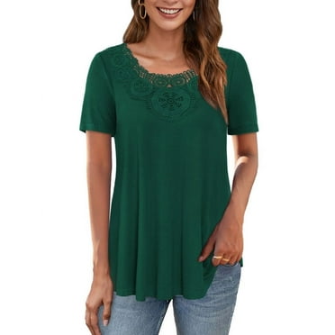VERABENDI Women's Tops Plus Size Short Sleeves Loose Fit Tunic Shirts Lace patchwork round neck Lady Blouses, M-4XL