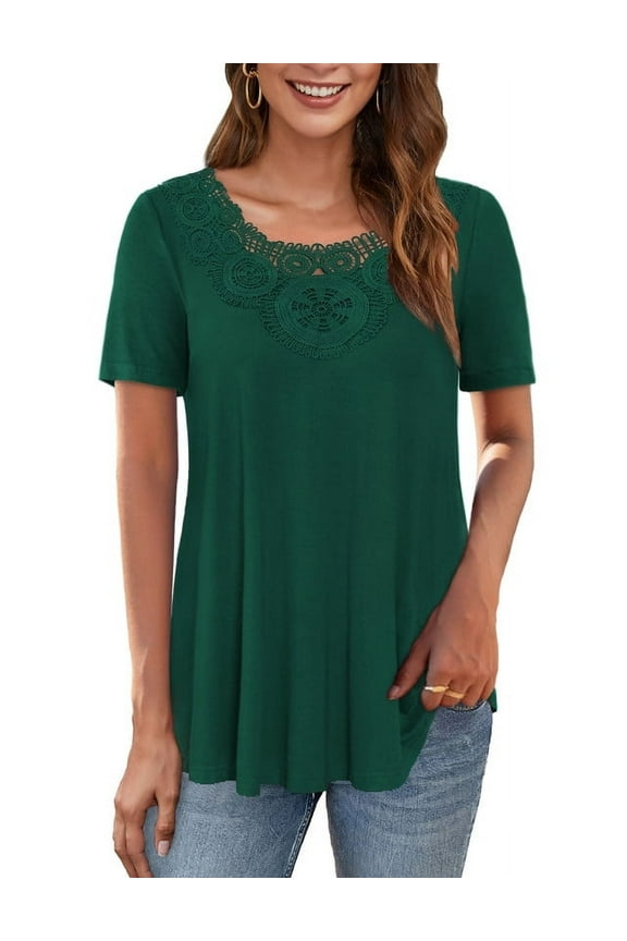 Women's Tops Plus Size Short Sleeves Loose Fit Tunic Shirts Lace patchwork round neck Lady Blouses, M-4XL