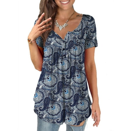 VERABENDI Womens Tops Plus Size Summer Short Sleeve Button V-Neck Henley Shirt Ladies Blouse (M-4xl)