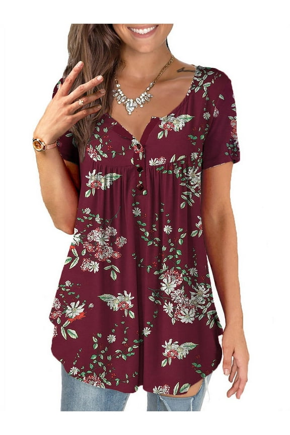 Womens Tops Plus Size Summer Short Sleeve Button V-Neck Henley Shirt Ladies Blouse (M-4xl)