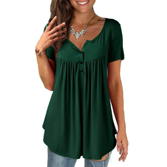 VERABENDI Womens Tops Plus Size Summer Short Sleeve Button V-Neck Henley Shirt Ladies Blouse (M-4xl)