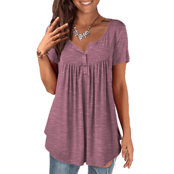 VERABENDI Womens Tops Plus Size Summer Short Sleeve Button V-Neck Henley Shirt Ladies Blouse (M-4xl)