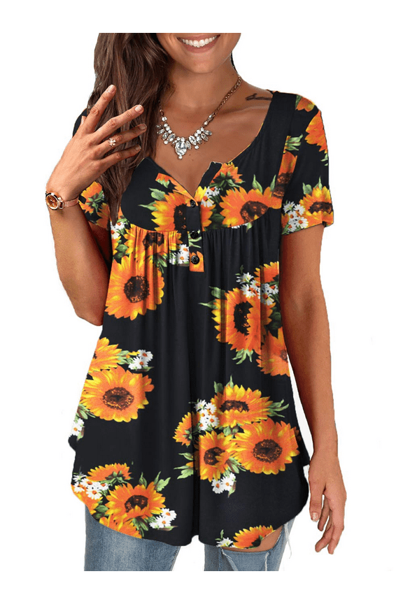 Womens Tops Plus Size Summer Short Sleeve Button V-Neck Henley Shirt Ladies Blouse (M-4xl)